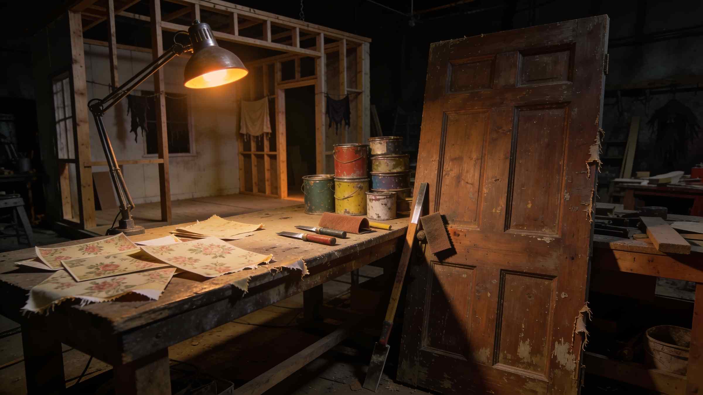 A set builder’s workbench under a lamp: an old door being distressed, paint tins and wallpaper samples, a half-built room frame behind