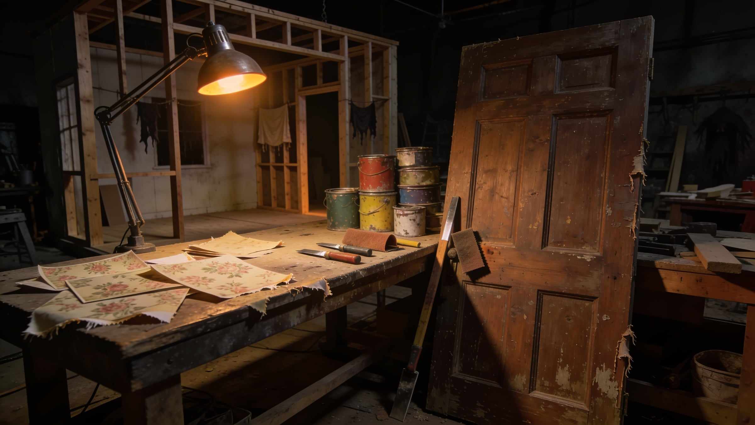 A set builder’s workbench under a lamp: an old door being distressed, paint tins and wallpaper samples, a half-built room frame behind