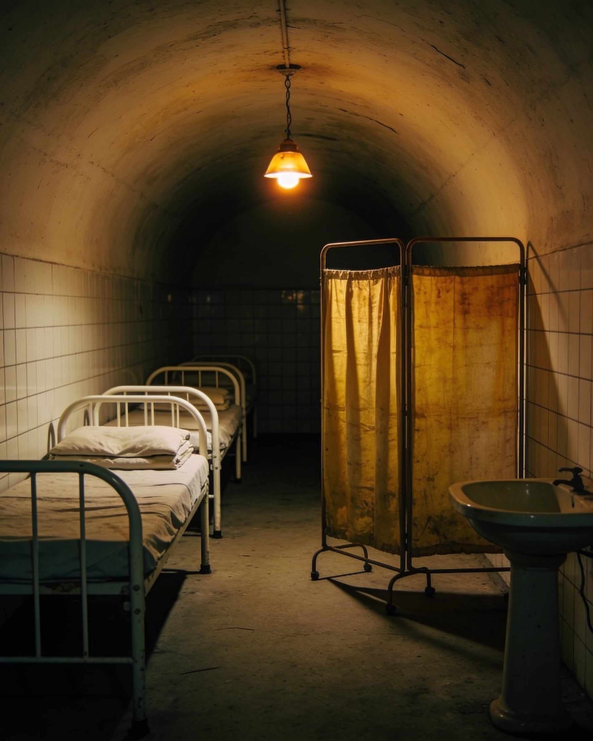 White iron hospital beds with folded sheets in a tiled vault, a yellowed linen screen on a frame and an enamel basin under one hanging lamp