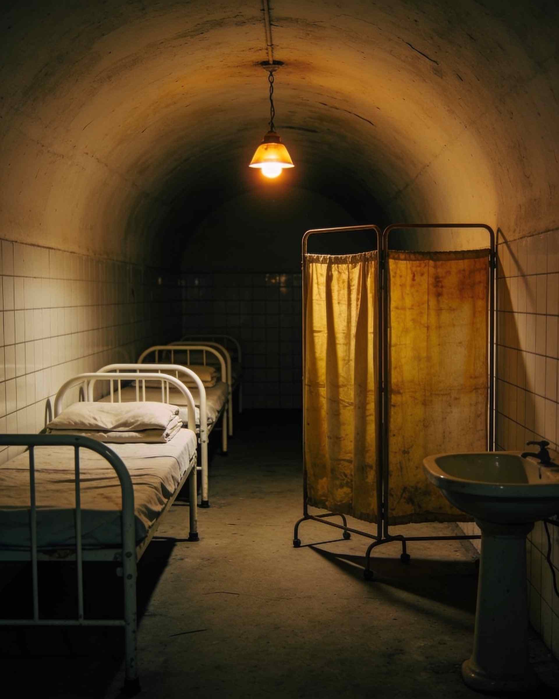 White iron hospital beds with folded sheets in a tiled vault, a yellowed linen screen on a frame and an enamel basin under one hanging lamp