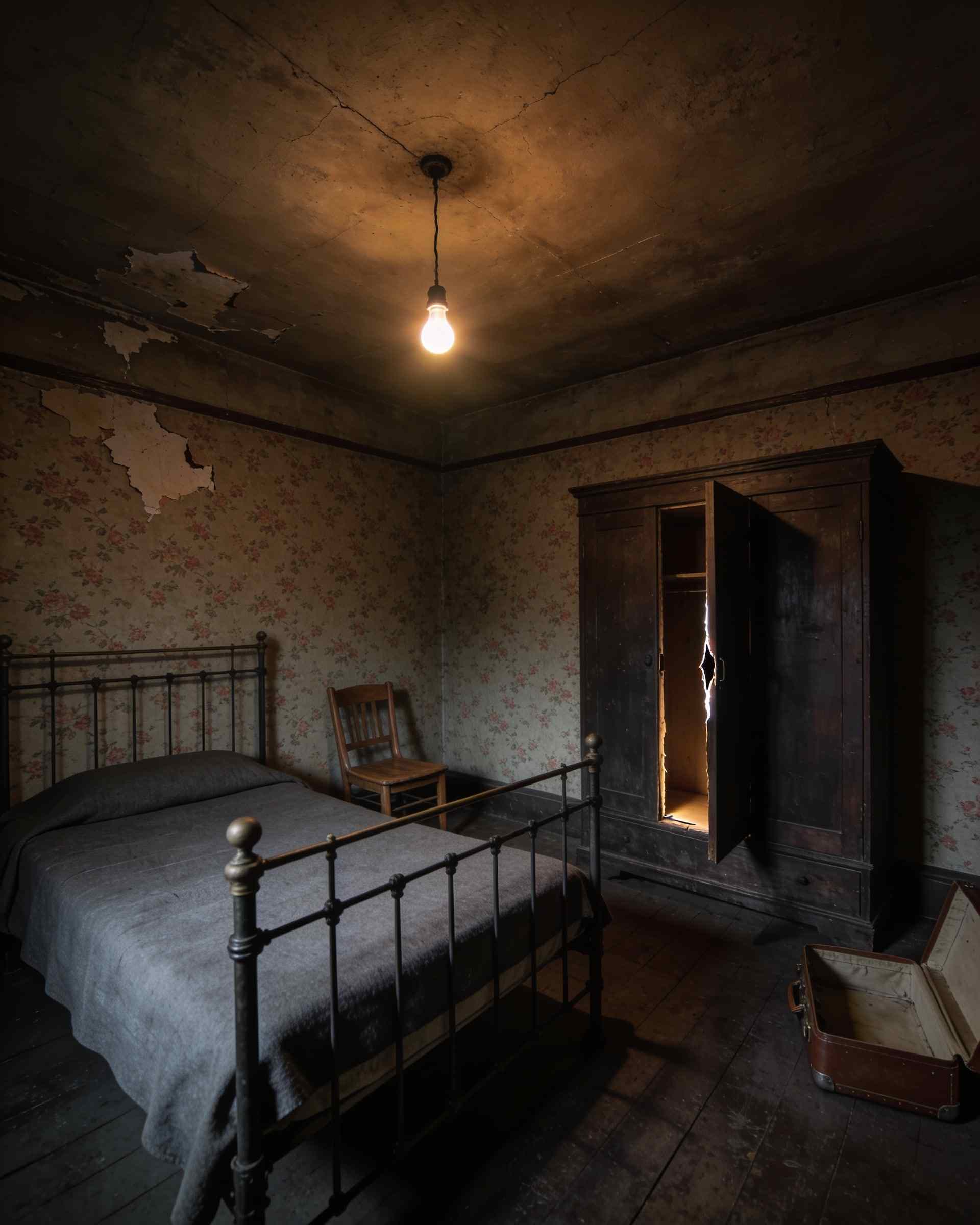 A basement bedroom with peeling floral wallpaper, an iron bed made with a grey blanket, an open wardrobe and an empty suitcase under a bare bulb
