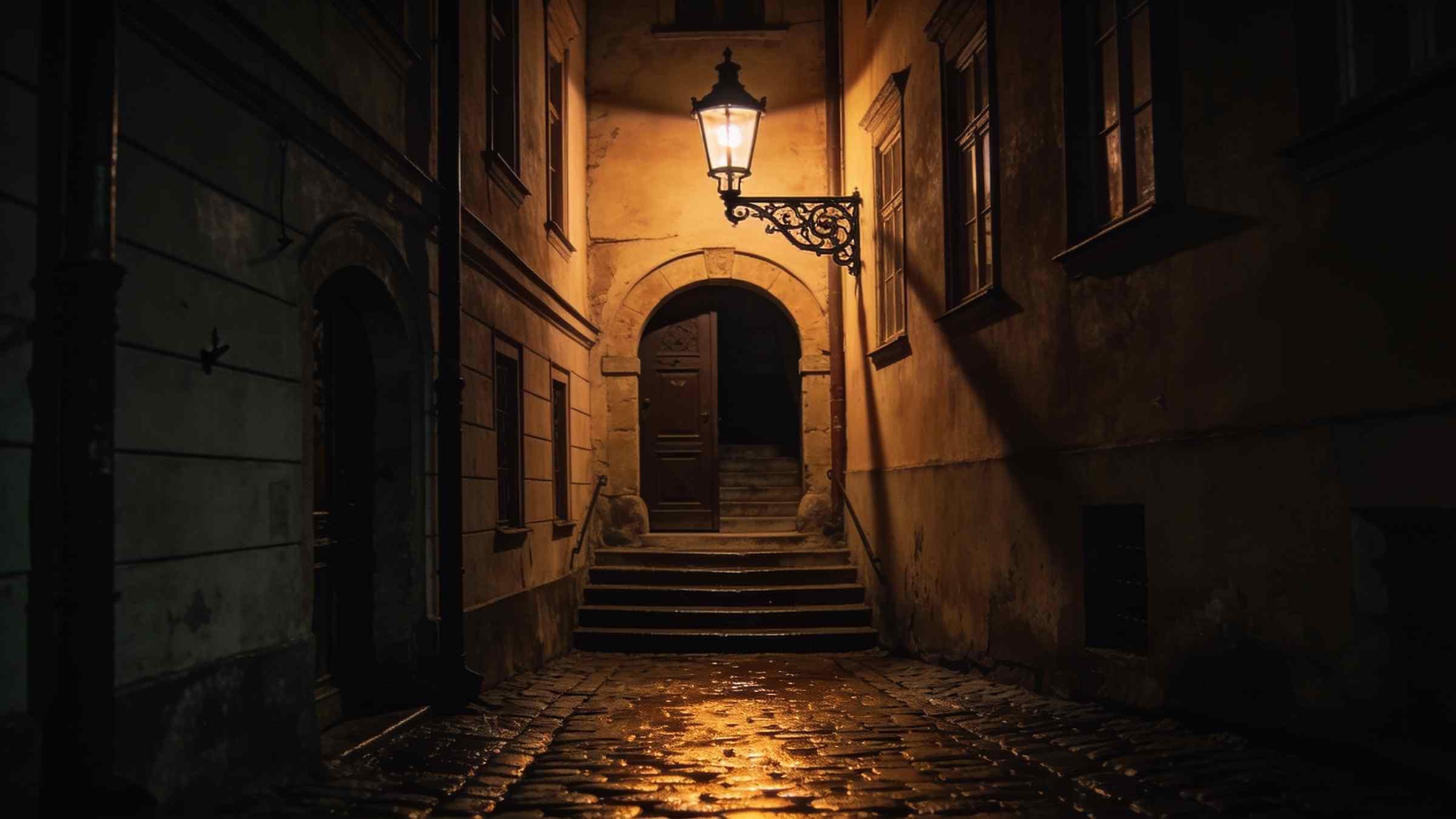 A narrow cobbled passage at night between old townhouses, a wrought iron lantern over an arched doorway with steps, wet cobbles reflecting the light