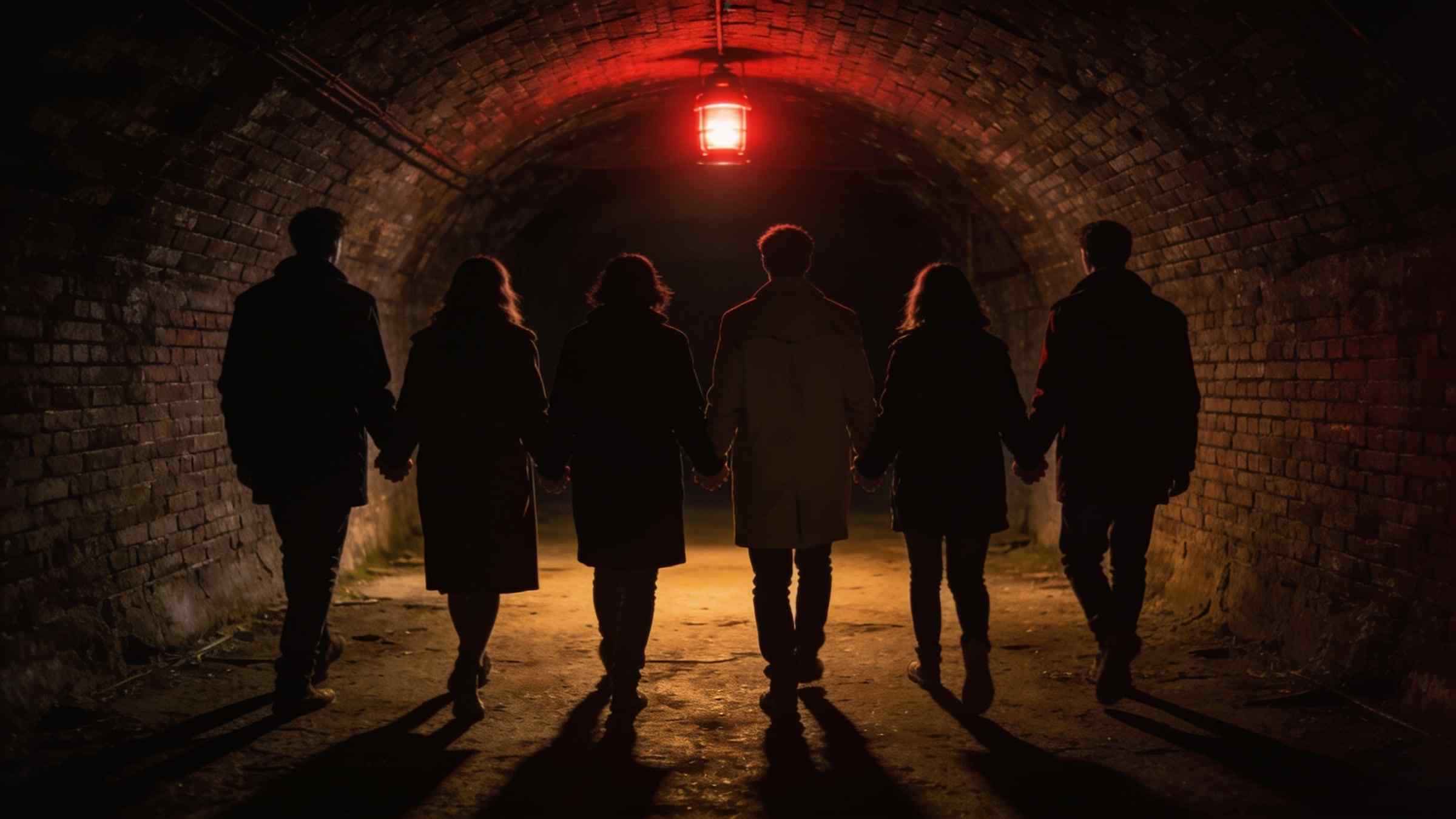 A line of people seen from behind holding hands, walking down a brick tunnel towards a red lamp
