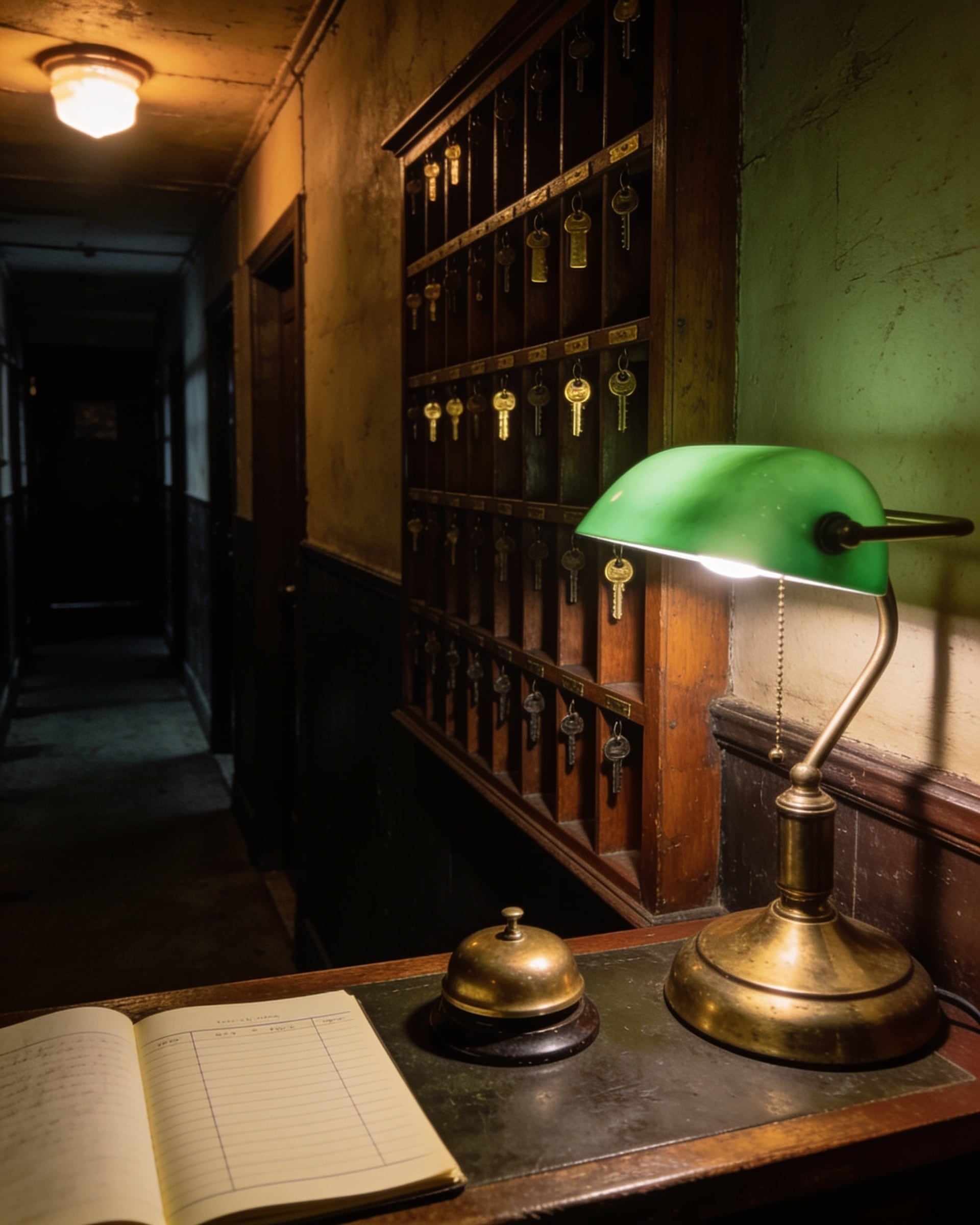 A night porter’s desk in a dim basement corridor: a brass bell, an open ledger, a green banker’s lamp and a wall of brass keys in wooden pigeonholes
