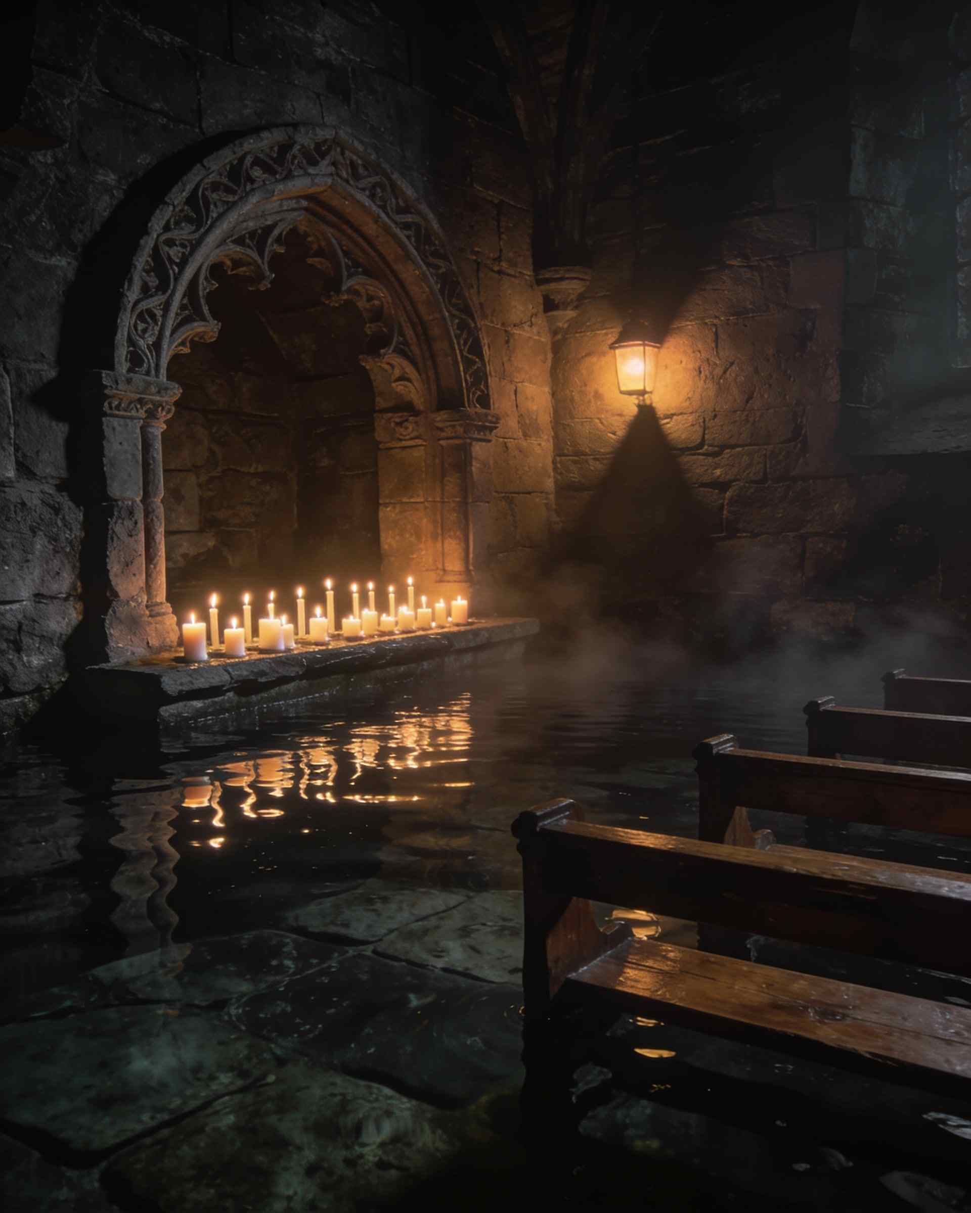 A carved stone arch in a flooded crypt, lit candles on a ledge reflected in black water, wooden pews half under it and mist