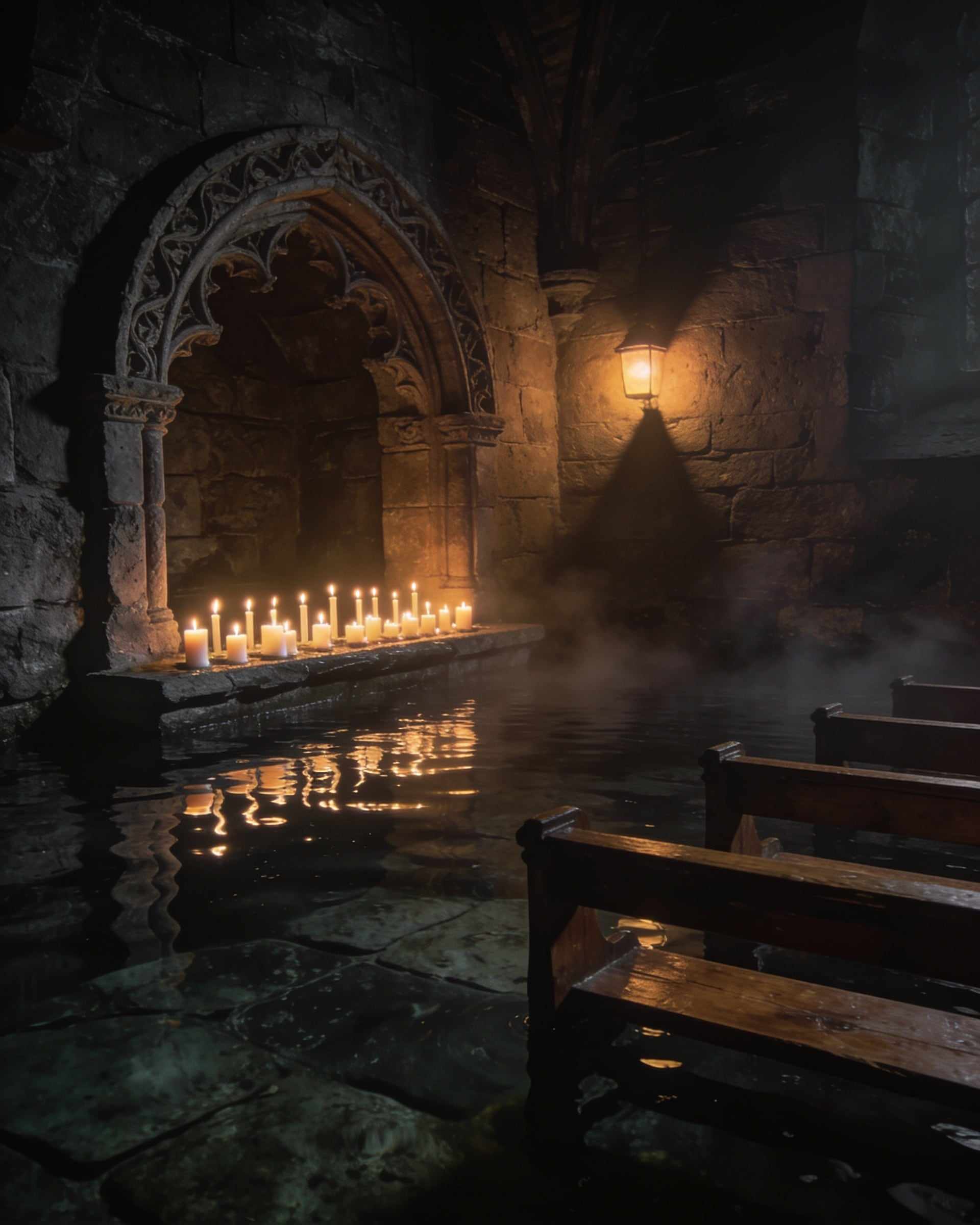 A carved stone arch in a flooded crypt, lit candles on a ledge reflected in black water, wooden pews half under it and mist