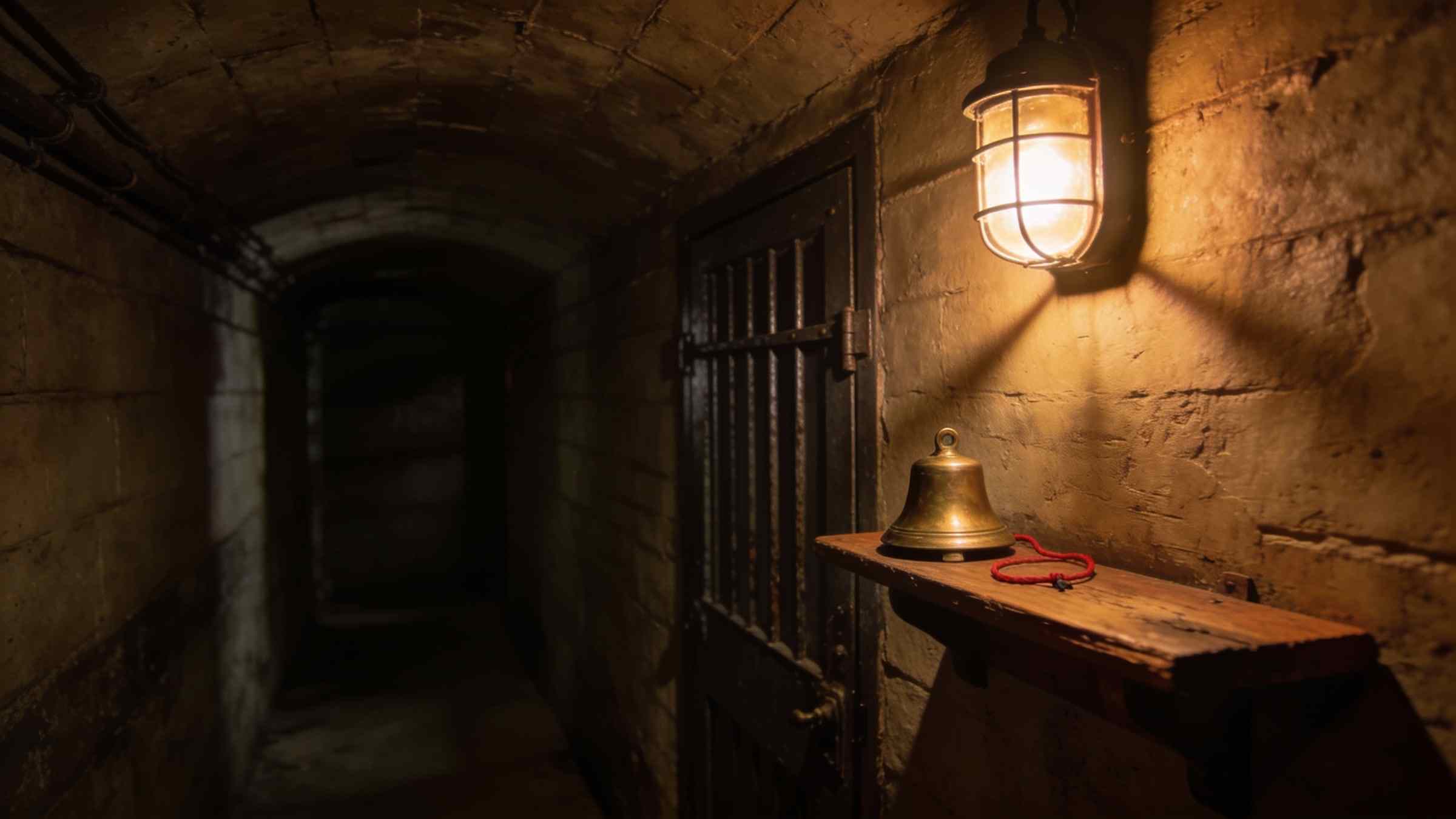 A brass hand bell and a red cord on a wooden shelf beside an iron door in a dim cellar corridor, a caged lamp above
