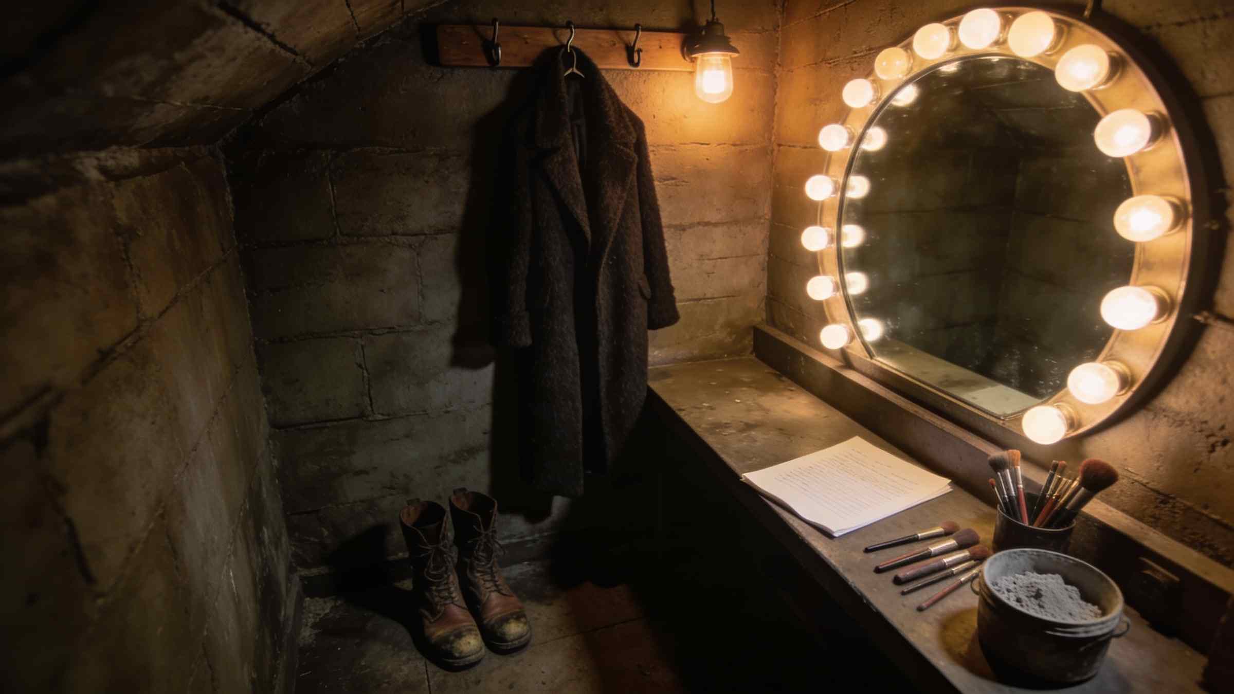 An empty dressing room in a cellar: a round mirror ringed with bulbs, a dark wool coat on a hook, worn boots and a pot of grey powder