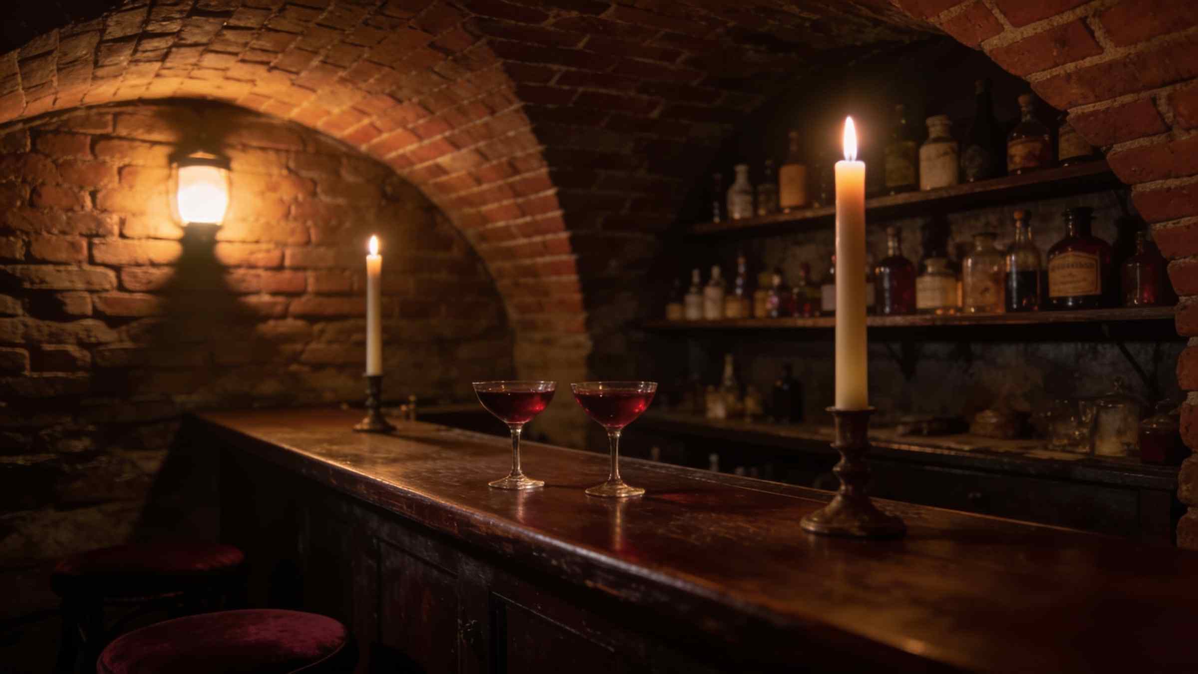 A dark wooden bar under a brick vault, two red cocktails in coupe glasses, a tall candle and apothecary bottles on shelves lit by a wall lamp